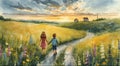 A scenic landscape features two children, a girl in a pink dress and a boy Royalty Free Stock Photo